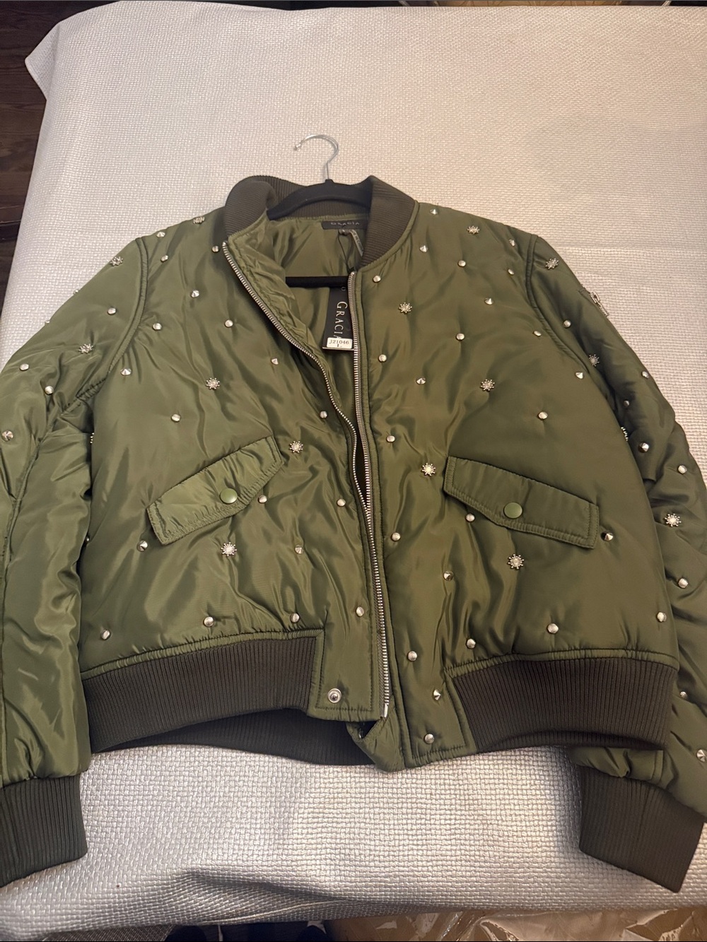 GRACIA olive green embellished bomber jacket